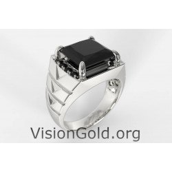 Модное серебряное мужское кольцо с квадратным черным камнем - Мужские кольца с черным камнем 0503